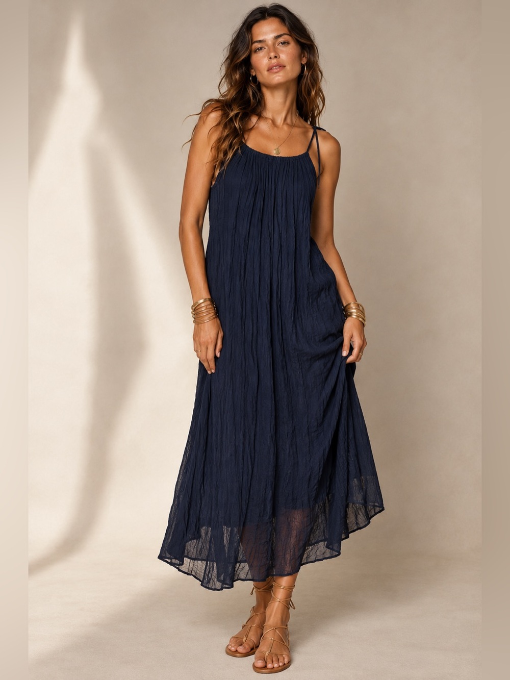 Calypso St. Barth Navy Crinkle Halter Maxi Dress